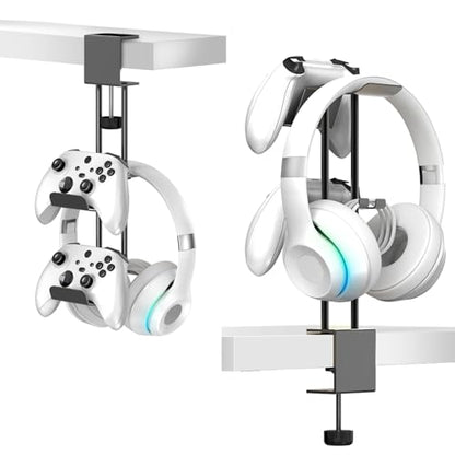 Headphone Stand with Controller Holder, Aluminum Under Desk Clamp Headset and Controller Stand - 2 in 1 Headphone Hanger for Desktop PC Gaming Accessories Organizer with PS5 Xbox Series S
