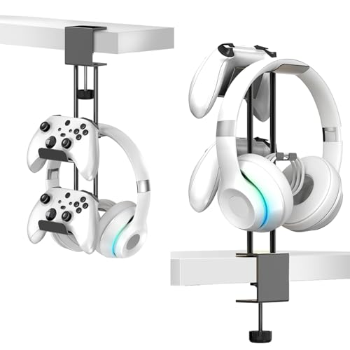 Headphone Stand with Controller Holder, Aluminum Under Desk Clamp Headset and Controller Stand - 2 in 1 Headphone Hanger for Desktop PC Gaming Accessories Organizer with PS5 Xbox Series S