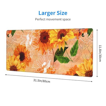 Sunflower Gaming Mouse Pad, Hand Drawn Floral Note Music Large Extended Desk Mat 11.8X 31.5 inches with Non-Slip Base & Stitched Edges, Waterproof Desk Mat for Office, Home, Laptop, Computer Keyboard - color: Sunflower_18