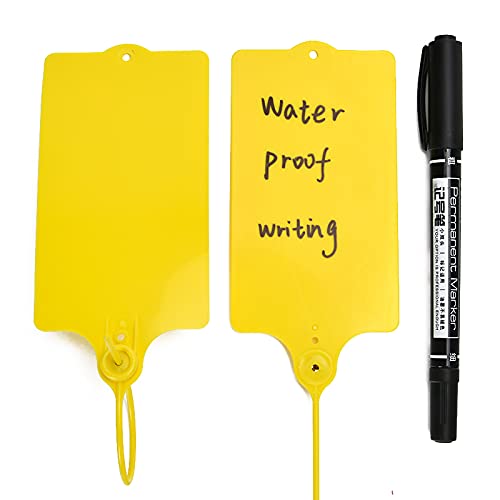 100 Plastic Shipping Tags - Waterproof, Writable, Hanging Tags with One Yellow Marker Pen - color: Yellow