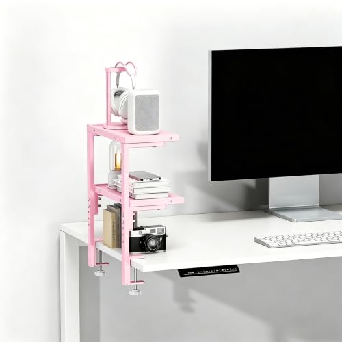 2-Tier Desk Shelf, Expandable Under Desk Storage, Clamp on Desk Shelf, Desktop Accessories for Offices, Study Rooms, and Game Rooms (Pink) - color: Pink