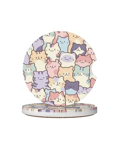 Car Cup Holder Coasters, 2 Pcs Ceramic Coasters with Cork Back and Finger Slot, Anti-Slip Shock Absorbing Women and Men Universal Car Accessories - Smiling Cat - color: Smiling Cat