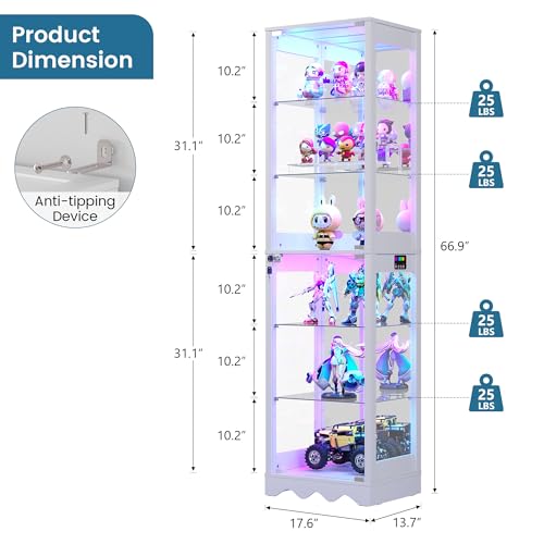Dystler Display Cabinet with Glass Doors, 6 Tier RGB Lights Curio Cabinet | Adjustable Shelves, Human Sensor Lighting, Modern LED Display Case for Collectibles, White - color: White