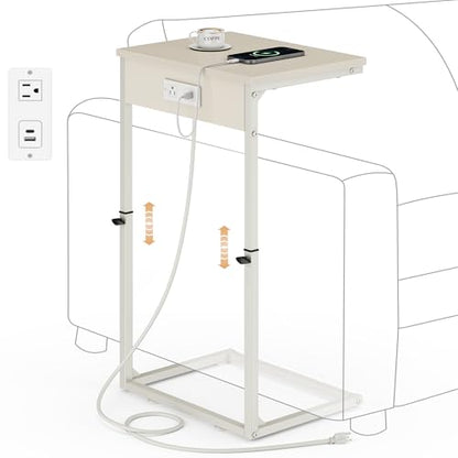Vagusicc C Shaped End Table with Charging Station, Adjustable Height Side Table for Couch, Small Side Table, 33.2'' Tall Couch Tables that Slide Under, Tv Tray End Table for Living Room, Beige - color: Beige (1 Pack), style: With Plug