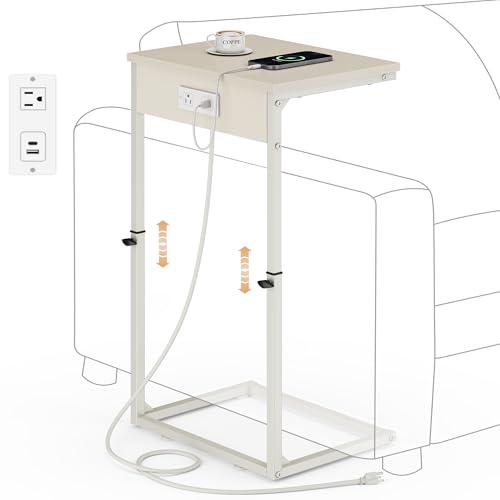 Vagusicc C Shaped End Table with Charging Station, Adjustable Height Side Table for Couch, Small Side Table, 33.2'' Tall Couch Tables that Slide Under, Tv Tray End Table for Living Room, Beige - color: Beige (1 Pack), style: With Plug