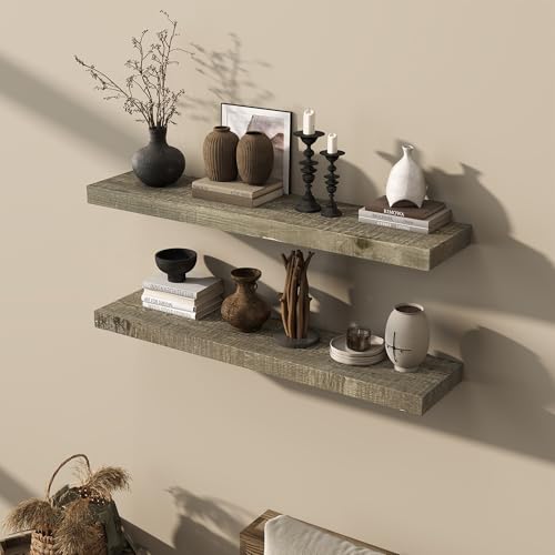 Acovy 40" Unfinished Solid Reclaimed Wood Floating Shelves, Rustic Heavy-Duty Wall Shelves, 8" Deep Floating Shelf for Living Room, Bathroom, Bedroom and Kitchen, Set of 2, Grey - color: Cement Grey, size: 40inches-2P