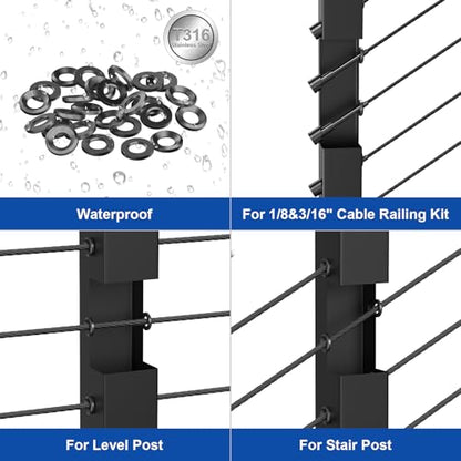 BLIKA 100Pack Black Cable Railing Adhesive Sleeves for 1/8" 5/32" 3/16" Wire Rope Cable, T316 Stainless Steel, 2.8mm Thickness Cable Railing Protector Adhesive Sleeves for Deck Stair Cable Railing Kit - size: Black