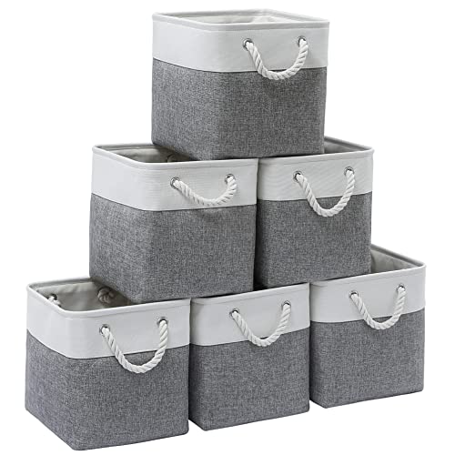 MidmmVick 11 x 11 Inch Cube Storage Bins, 6 Pack Large Collapsible Fabric Storage Bin with Ropes, Foldable Storage Cubes for Home, Office,Closet, Clothes, Toys Organizer (White & Grey-11"x11"x11") - color: White & Grey-11"x11"x11"