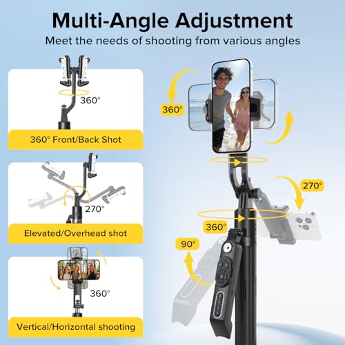 72'' Auto Face Tracking Selfie Stick Tripod Stand, Auto-Open 360° Rotatable Travel Four-Legged Stand for iPhone/Android with Remote, Gesture Control, No App for Vlogging, TK