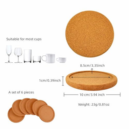 6-Pack Cork Coasters, 4 Inch Absorbent Reusable Beverage Coasters with Lip, Heat Resistant Non-Slip Cup Pads for Glasses Mugs, Natural Wood Table Protectors