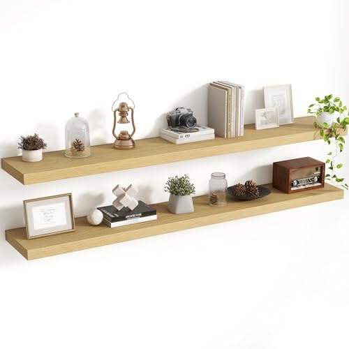 Acovy 55 Inch Floating Shelves, 8 Inch Deep Floating Shelves for Wall, Hanging Shelf with Invisible Brackets, Deep Shelves for Bathroom, Bedroom, Living Room, Oak, Set of 2 - color: Oak, size: 8"Wx55"L-2pcs