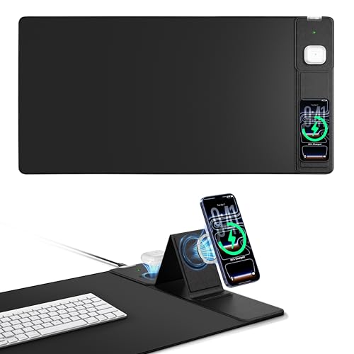 Mouse Pad with Magnetic Wireless Charger & Adjustable Phone Stand, 31.5"x15.8" Extended Desk Mat, Waterproof Ultra-Smooth Keyboard Pad, Non-Slip Base, Black - color: Black-31.5"x15.8"-Magnetic Stand-Right