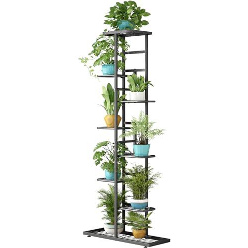 LINZINAR Plant Stand Indoor Outdoor Metal 8 Tier 9 Potted Multiple Flower Pot Holder Shelf Indoor Outdoor Planter Display Shelving Unit for Patio Garden Corner Balcony Living Room - color: Dark Grey, size: 8 Tier-9 Potted