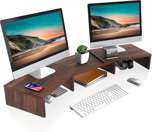 FITUEYES Dual Monitor Stand – 3 Shelf Computer Monitor Riser, Wood Desktop Stand with Adjustable Length and Angle, Desk Accessories, Office Supplies Medium Brown, DT108002WB - color: Brown