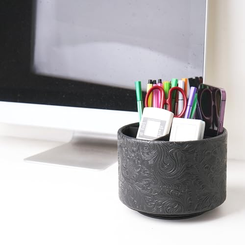 lizimandu Round Leather Art Supply Organizer,Remote Control Holder,360 Degree Spinning,Multi-Functional Pencil Holder,4 Compartments Desktop Stationary Organizer(1-Carved Black) - color: 1-Carved Black