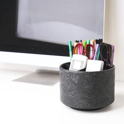 lizimandu Round Leather Art Supply Organizer,Remote Control Holder,360 Degree Spinning,Multi-Functional Pencil Holder,4 Compartments Desktop Stationary Organizer(1-Carved Black) - color: 1-Carved Black
