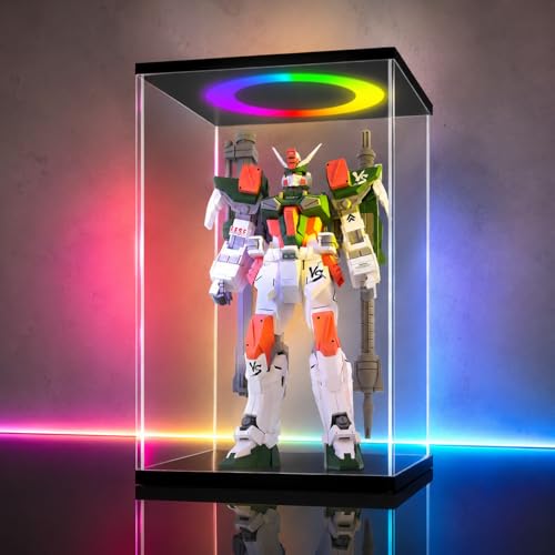 LANSCOERY Acrylic Display Case 13.8x9.8x21.2 in, 10mm Base, RGB Ring Light, 3mm Clear Panels, Front Door for Action Figures and Models - size: 13.8x9.8x21.2inch; 35x25x53.5cm