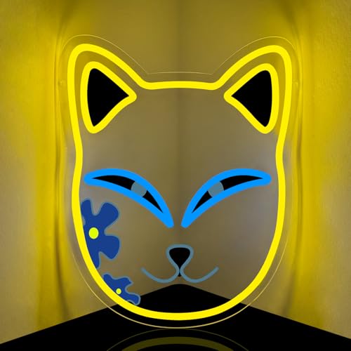 Anime Neon Sign, Fox Face Led Neon Light Signs for Wall Decor Japanese Light up Sign for Bedroom Game Room Party Decoration Birthday Gift for Girl Christmas Dimmable USB Powered(13.8"*12.4") - style: MASK YELLOW