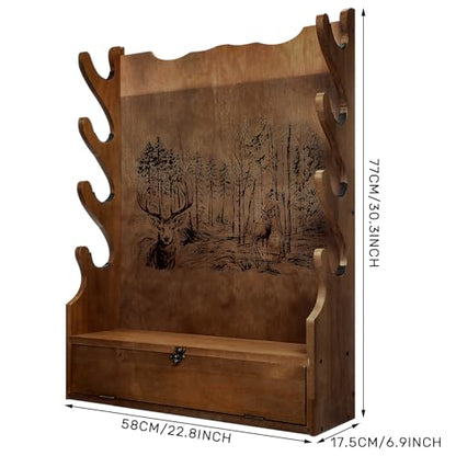 Yuntau Four Gun Wooden Gun Display Rack with Cabinet Storage Compartment and Soft Pad for Rifle Accessories Shotgun Rifle Rack for Wall Mount Home Indoor Decor - style: Deer Pattern