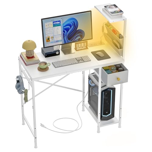 Jakyitvi 33.7" Computer Desk with Power Outlets, LED Lights & Drawer, Small Office Desk with Storage Bag & Hooks, Gaming Desk for Bedrooms or Home Office, Compact Study Desk for Small Spaces，White - color: White
