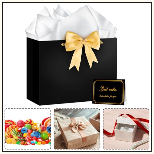 Hooqict Gift Bag Black Birthday Gift Bags with Handles, 1 Ribbon, 4 Tissue Paper, 2 Greeting Cards for Men Women Birthday Presents Wedding Retirement Christmas Gifts Fathers Day - color: Black
