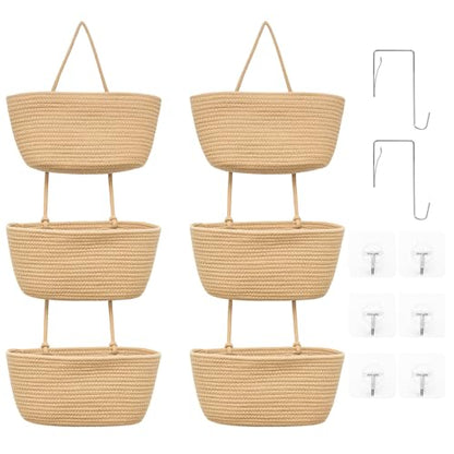 3-Tier Over the Door Hanging Basket (Set of 2) Adjustable, Detachable Woven Storage Baskets with Wall and Door Hooks - Decorative Boho Organizer for Nursery, Playroom, Bedroom, Kitchen, Apartment