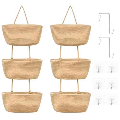 3-Tier Over the Door Hanging Basket (Set of 2) Adjustable, Detachable Woven Storage Baskets with Wall and Door Hooks - Decorative Boho Organizer for Nursery, Playroom, Bedroom, Kitchen, Apartment