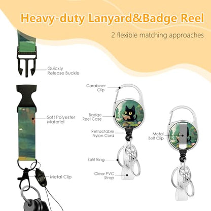 Black Cat and Plant for ID Badge Holder, Black Cat and Plant ID Badge Holder with Heavy-Duty Retractable Reel Clip, Gift for Teacher Nurse Adult - color: Blackcat-green