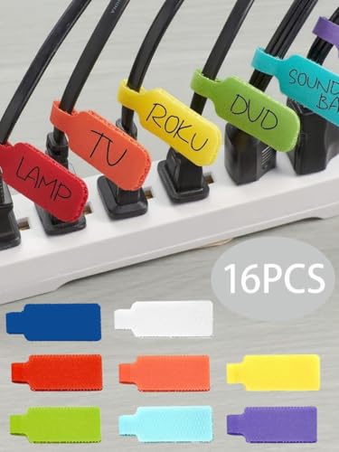 16 Pack Cable Labels, Medium,Rectangular Wire Labels with Reusable Hook, Multi-Color Write On Cord Tags for Wire Management and Identification (1.78 x 0.79 inch) - size: 16 PCS: Rectangular