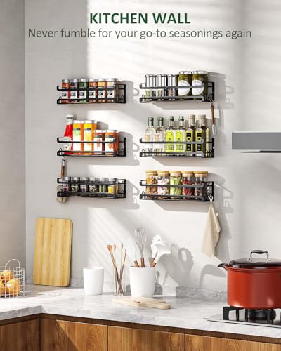 Doakhirmit Wall Mounted Spice Rack with 16 Hooks, Rustic Wood Spice Organizer Shelf for Stove Cabinet Pantry Door,Screw or Adhesive Hanging Spice Shelf,Wall Spice Rack in Kitchen and RV,6 Pack - size: 6 Pack