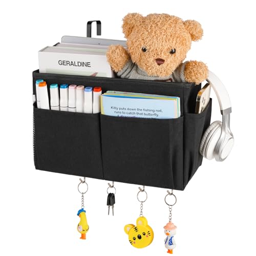 Bedside Storage Organizer 5 Pockets with 4 Hooks Hanging Storage Bag for Headboards/Bunk Bed (Black) - color: Black