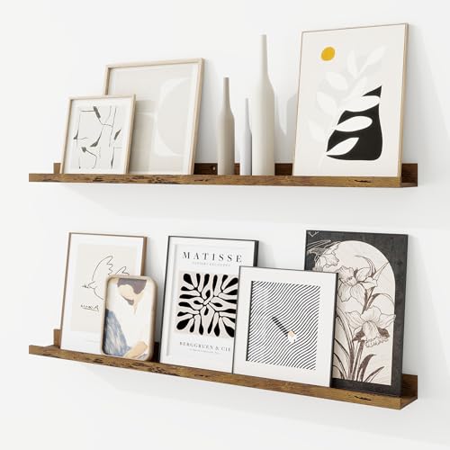 RICHFOCUS Picture Ledge Shelf, 36 inch Floating Shelves Set of 2, Wood Wall Shelves with Lip, Wall Decor Storage for Bedroom Living Room Bathroom Kitchen Nursery Photo Picture, Rustic Brown - color: Rustic Brown, size: 36 Inch, set of 2