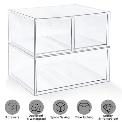 Prsildan Acrylic Drawer Makeup Organizer with 3 Drawers, Clear Stackable Storage for Baby Bottles, Craft, Jewelry & Hair Accessories, Multi-Use for Vanity, Countertop, Office Desk Organization - style: 3 Drawers