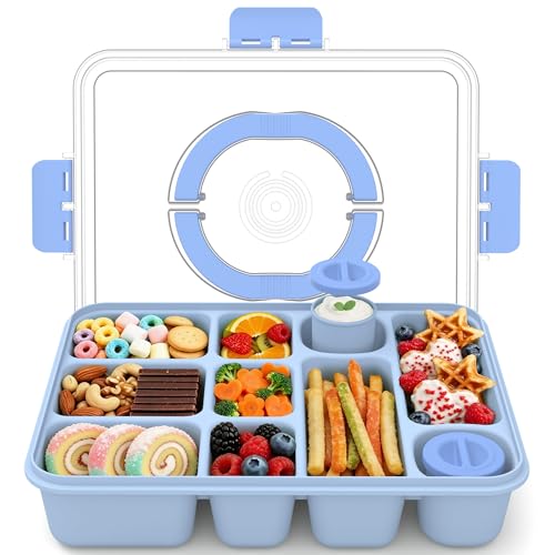 Snackle Box Container for Adults with 10 Compartment, Divided Serving Tray with Lid and Handle and 2 Sauce Containers, Portable Snack Box Container for Charcuterie Party Travel, Blue - color: Light Blue