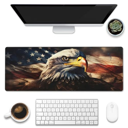 Desk Mat,American Bald Eagle Large Gaming Mouse Pad XL,USA Flag Eagle Desk Pad,Extended Big Computer Keyboard Mousepad with Non-Slip Base and Stitched Edge 31.5"x11.8" - color: American Bald Eagle, size: XL-31.5"x11.8"