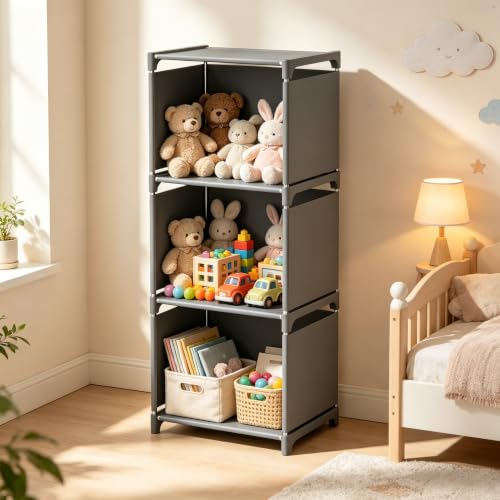 RIIPOO Book Shelf, 3-Cube Storage Organizer, Metal & Fabric Bookcase for Small Spaces, Bedroom, Living Room - style: 3-Cube