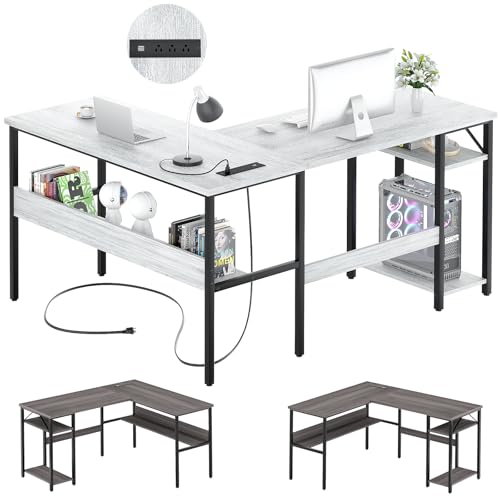 Unikito L Shaped Computer Desk with Magic Power Outlets and USB Charging Ports, Sturdy Reversible Corner Desk with Storage Shelves, Modern Work Desk for Home Office, Easy to Assemble, White Oak - color: White Oak