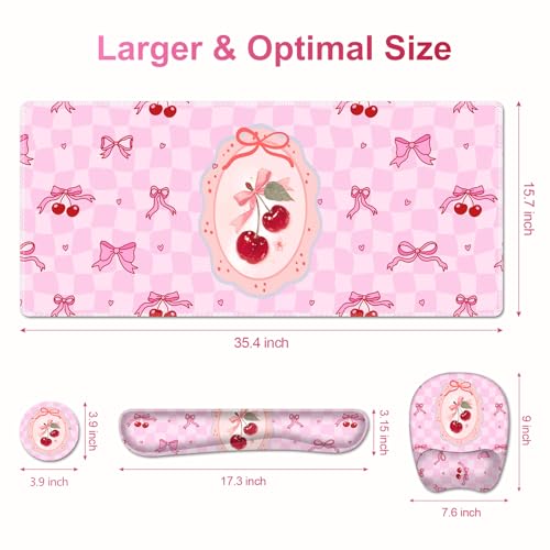 Cute Check Mouse Pad with Wrist Support 4 in1 Set, XXL Big Game Mousepad + Keyboard Wrist Rest + Mouse Wrist Rest Pad +Coaster Gaming Mat for Work Study Home Office I Pink Cherry & Bow Dream - color: Pink Cherry & Bow Dream