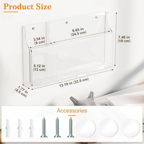 Yoillione Wall Mount Tablet and Phone Charging Stand for Tablet, Smartphone, E-Book, 2 Slots Remote Control Holder for TV, Clear Acrylic Remote Storage Media Organizer Box - Product 2.0 Size Upgrade