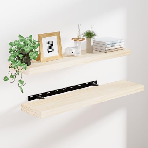 Heimlove Unfinished Wood Floating Shelves, Pine Shelves for Wall Set of 2, Wall Mounted Rustic Wood 8 Inch Deep Floating Shelf with Invisible Brackets for Bedroom Kitchen Living Room - Natural, 36x8 - color: Natural, size: 36”Wx8”Dx1.6”H