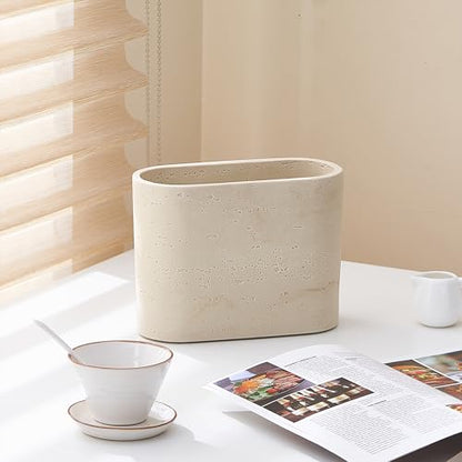 Natural Travertine Textures Mini Trash Can, Small Counter Rectangle Trash Can for Bathroom Kitchen Table Desk, Tiny Waste Basket for Vanity - Silicone Pad Anti Scratch, Non-Slip (Made of Resin) - color: Rectangle Travertine