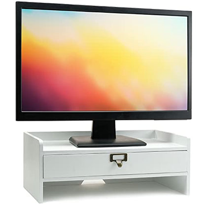 EXCELLO GLOBAL PRODUCTS Wooden Monitor Stand: Includes Drawer for Desktop Organization of Notebooks, Pens, Pencils & Office Supplies (White) - color: White