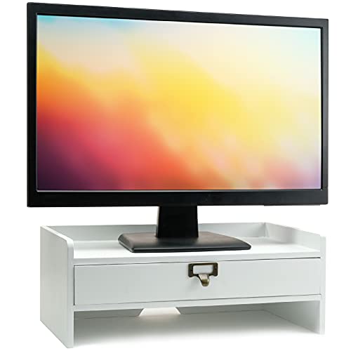 EXCELLO GLOBAL PRODUCTS Wooden Monitor Stand: Includes Drawer for Desktop Organization of Notebooks, Pens, Pencils & Office Supplies (White) - color: White