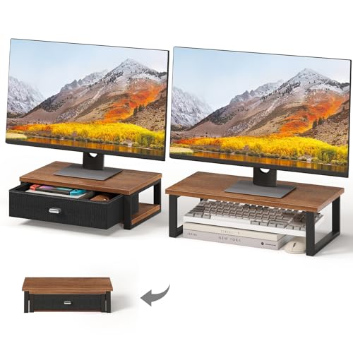 WOHOMO Dual Monitor Stand Riser with Drawers, Desk Organizers for 2 Monitors, Desktop Storage Stand for Computer,Laptop,Walnut - color: Walnut