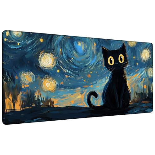 Black Cat Under Starry Night Gaming Mouse Pad Large Desk Mat Extended Keyboard Anime Mousepad with Non-Slip Base and Stitched Edge for Desk Home Office Gaming,35.4 x 15.7 Inch - color: Black Cat under Starry Night, size: 15.7*35.4inch