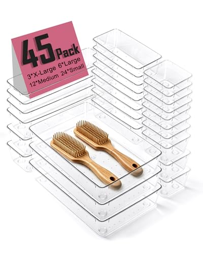 45Pack Makeup Drawer Organizers Set, 4Sizes acrylic desk organizer trays for vanity, bathroom, office, nightstand, junk for kitchen drawer, Versatile plastic drawer divider storage bins - size: S45(3-6-12-24)