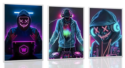 JWDXNOOK 3Pcs Game Room Canvas Print Wall Art Unframed 16x24 Inches | Cyberpunk Trendy Poster Cool Atmosphere Wall Decor Futuristic Neon Light Art Print Gift for Gamers & Electronic Music Lovers - color: Black Blue Purple, size: 16 in x 24 in