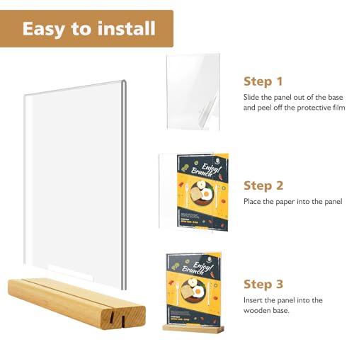 Comix 8.5x11 Acrylic Sign Holder with Wood Base 3 Pack Clear Table Display Stand Vertical or Slant Back Display for Wedding, Restaurant, Store, Office, Hotel - size: 3 Pack 8.5x11 inches (T/L)