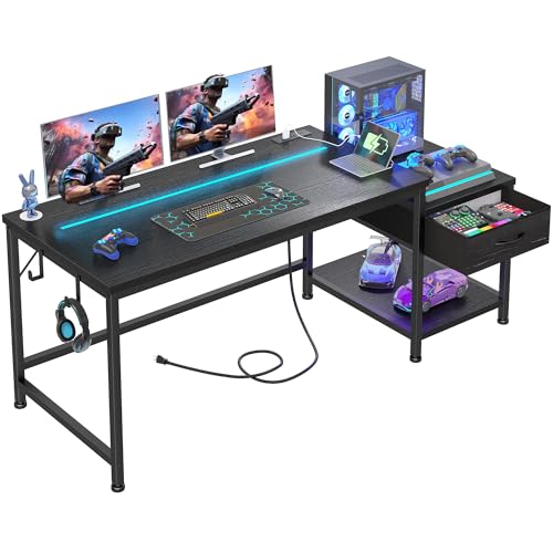 56 Inch Gaming Desk with Printer Shelf and LED Lights,Reversible Computer Desk with Drawers and Power Outlets,Study Table with Hooks for Headphone,Bags,Black Desk Work Desk for Teen Bedroom,Dorm - color: Black, size: 56inch