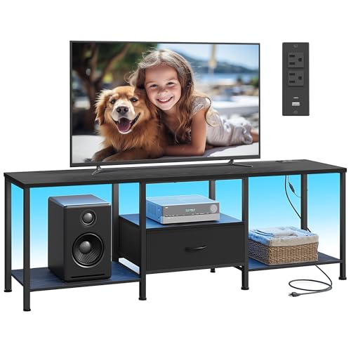 SONGMICS BELLAH Collection - TV Stand for TVs Up to 80 Inches, Media Console Table and Entertainment Center Unit for Living Room, with Shelves and Drawer, Steel, Modern, Ink Black ULGS231B101S - color: Ink Black, size: 13.8"D x 70.5"W x 23.6"H